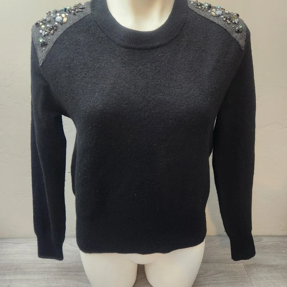 J. Crew Black Sweater Size S Merino Full Zip Back Embellish Shoulder Detail Crew
